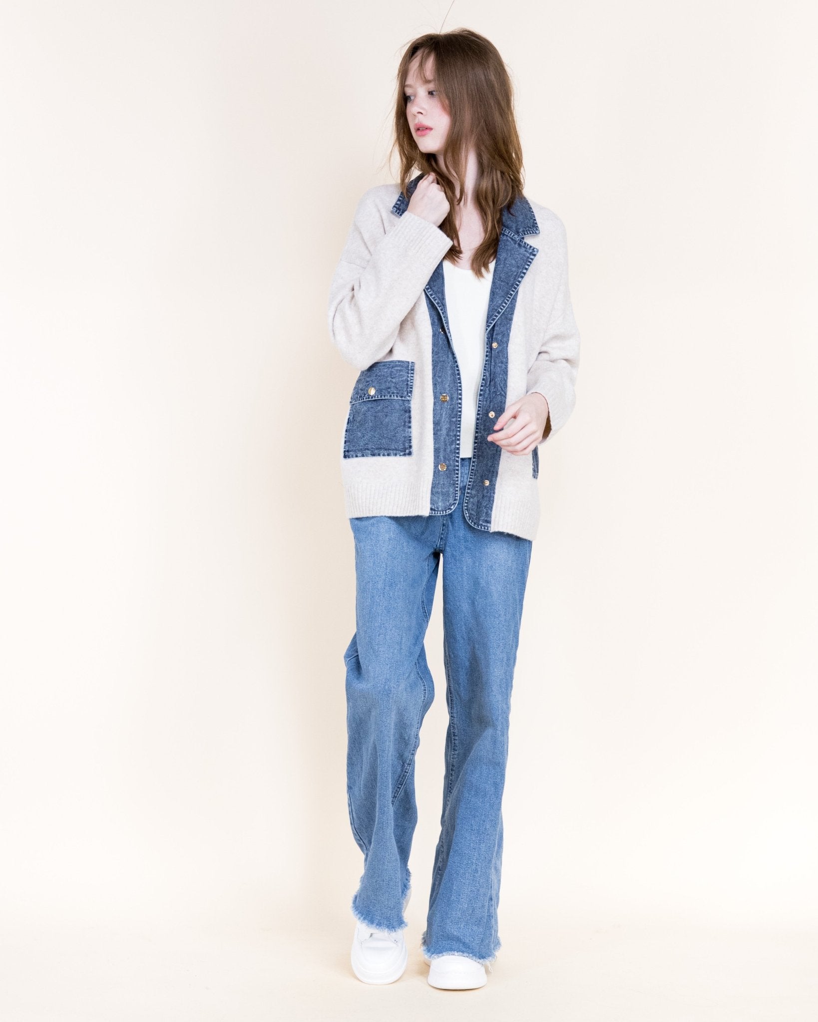 Soho Denim Trim Cardigan - Beige - Very Moda