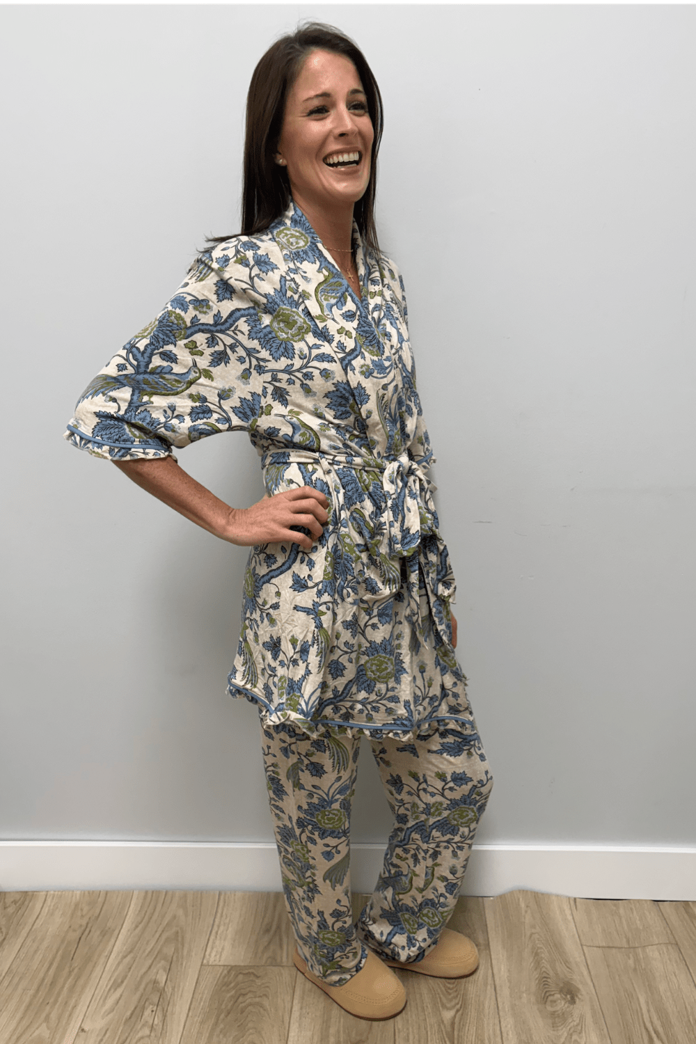 Spartina Pajama Ruffle Robe Japonica Bird Green - Spartina