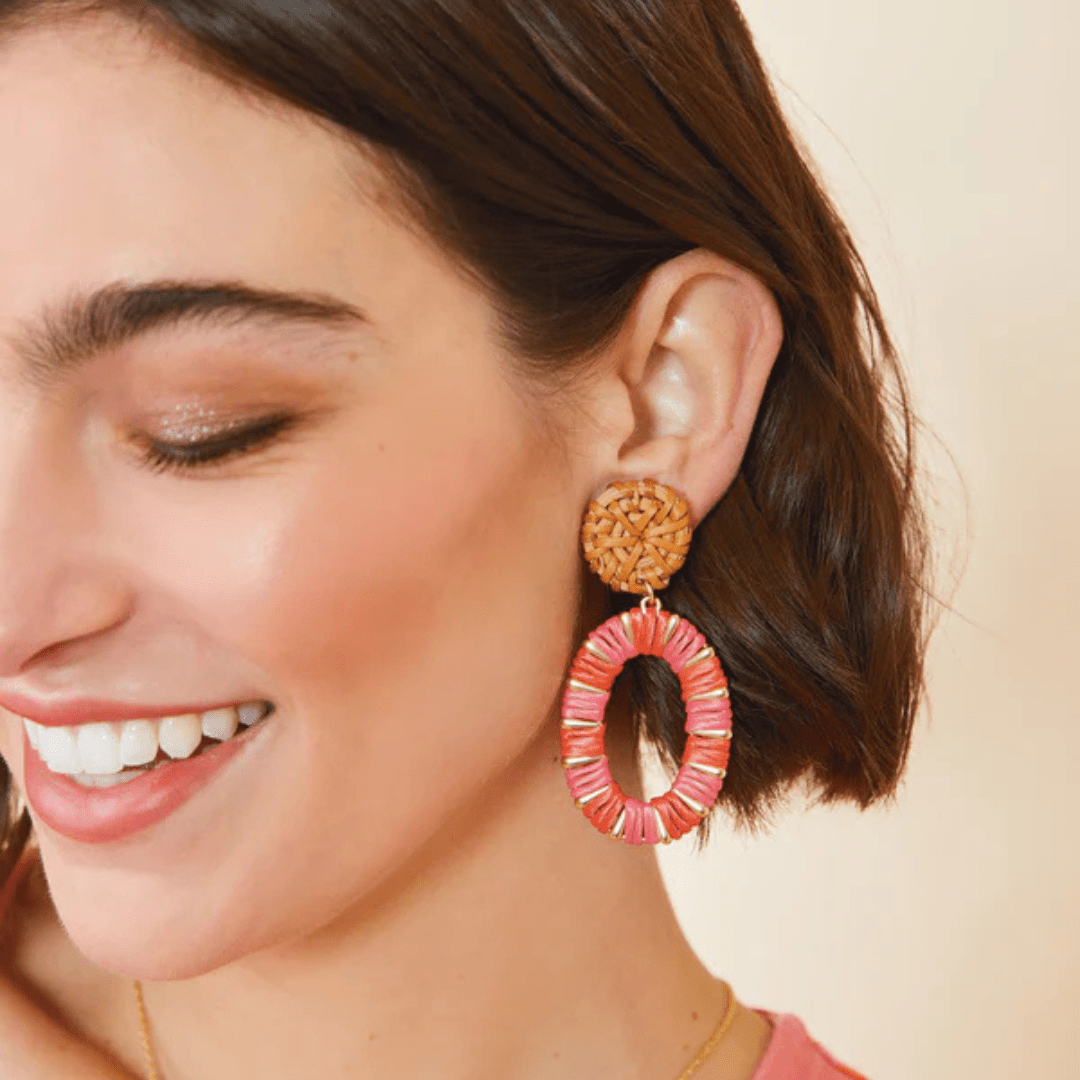 Spartina Straw Oval Earrings - Red - Spartina