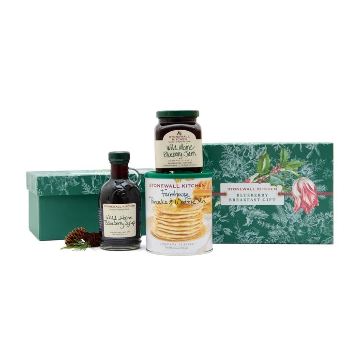 Stonewall Kitchen Blueberry Breakfast Gift Set with pancake mix, blueberry jam and blueberry syrup in a green holiday gift box