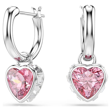 Silver Chroma drop earrings with pink heart stones on a white background