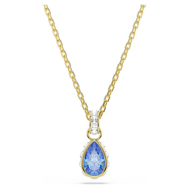 Gold Chroma pendant with a blue pear-cut stone on a white background