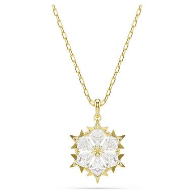 Gold Magic snowflake pendant with clear stones on a white background