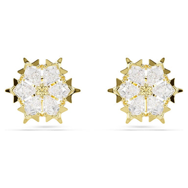 Gold Magic snowflake stud earrings with clear stones on a white background
