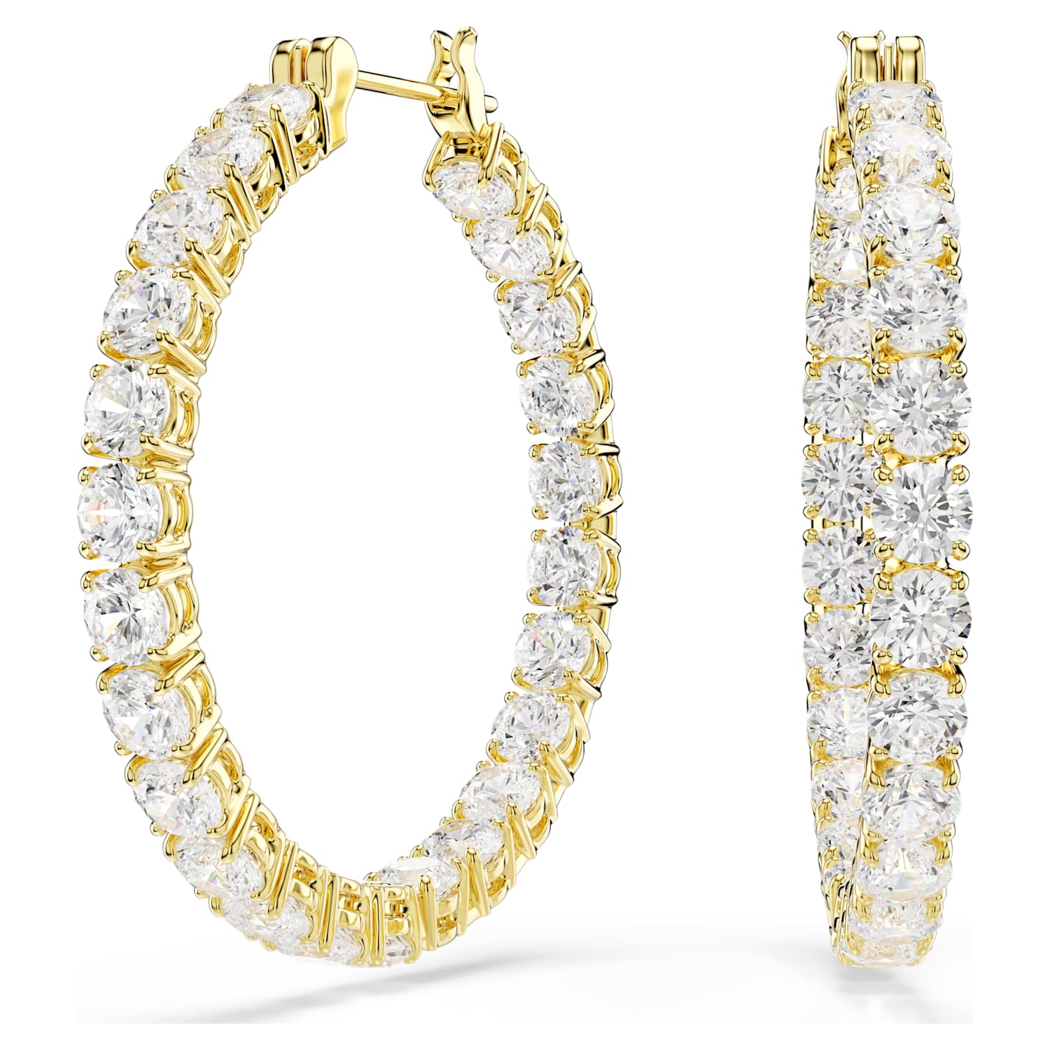 Gold Matrix crystal hoop earrings on a white background