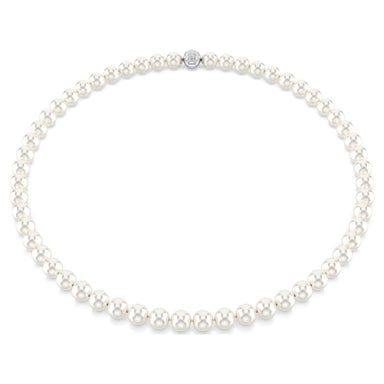 Strand of white Swarovski crystal pearls on a white background