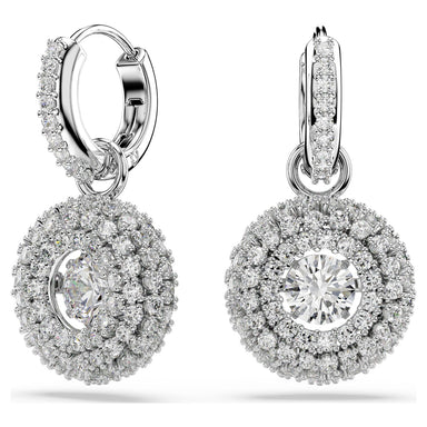 Silver Sublima circle drop earrings on a white background