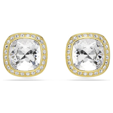 Gold Una Angelic cushion-cut crystal stud earrings on a white background