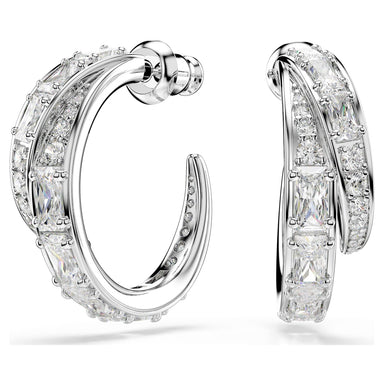 Silver Vienna feather-shaped hoop earrings on a white background