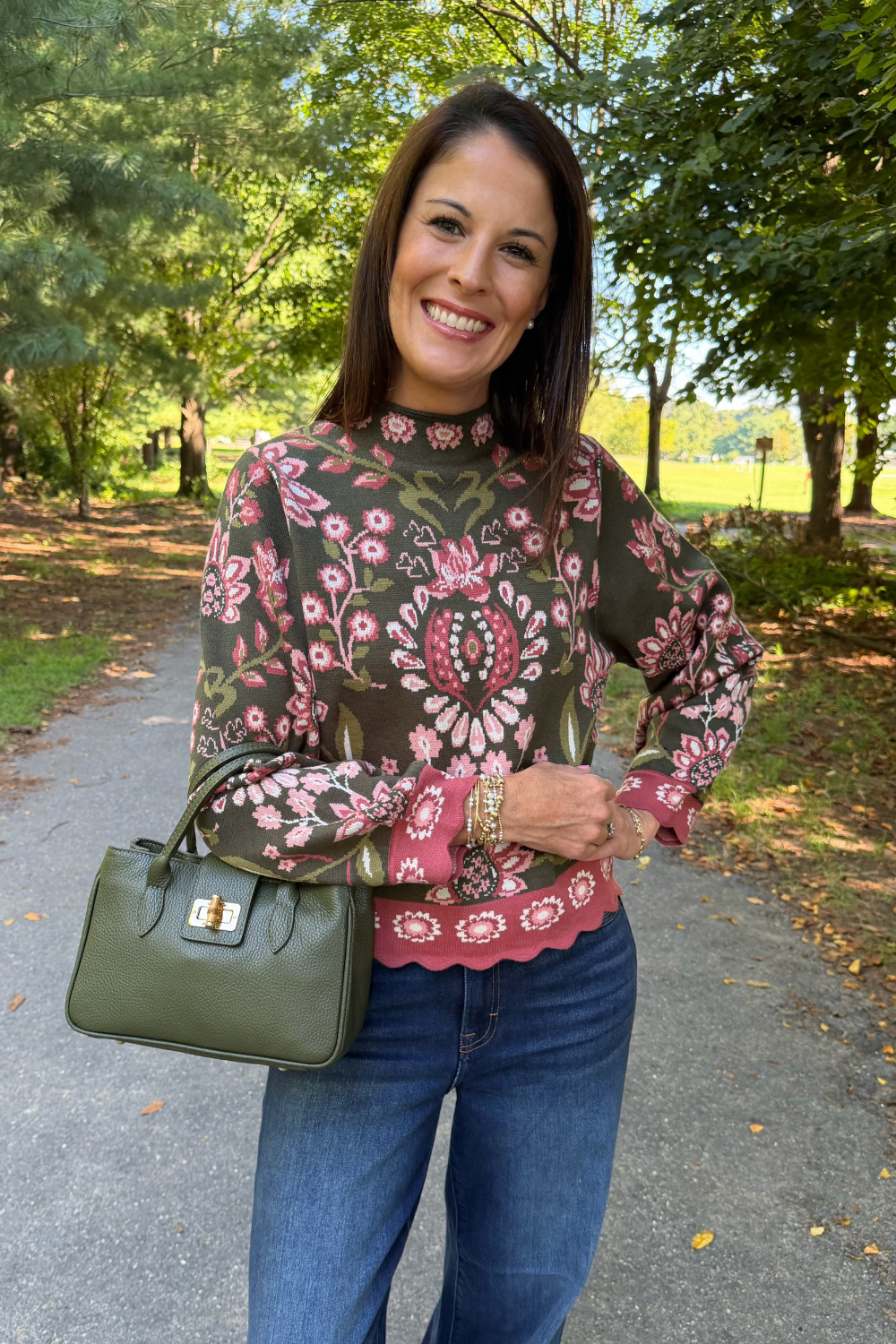THML Clothing Floral Sweater In Olive - THML Clothing