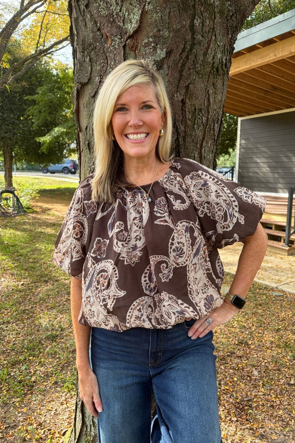 THML Clothing Relaxed Paisley Blouse In Brown - THML Clothing