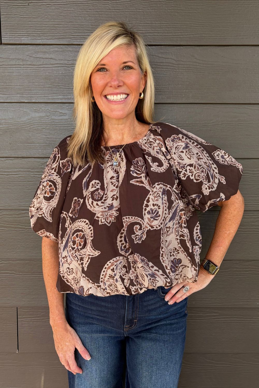 THML Clothing Relaxed Paisley Blouse In Brown - THML Clothing