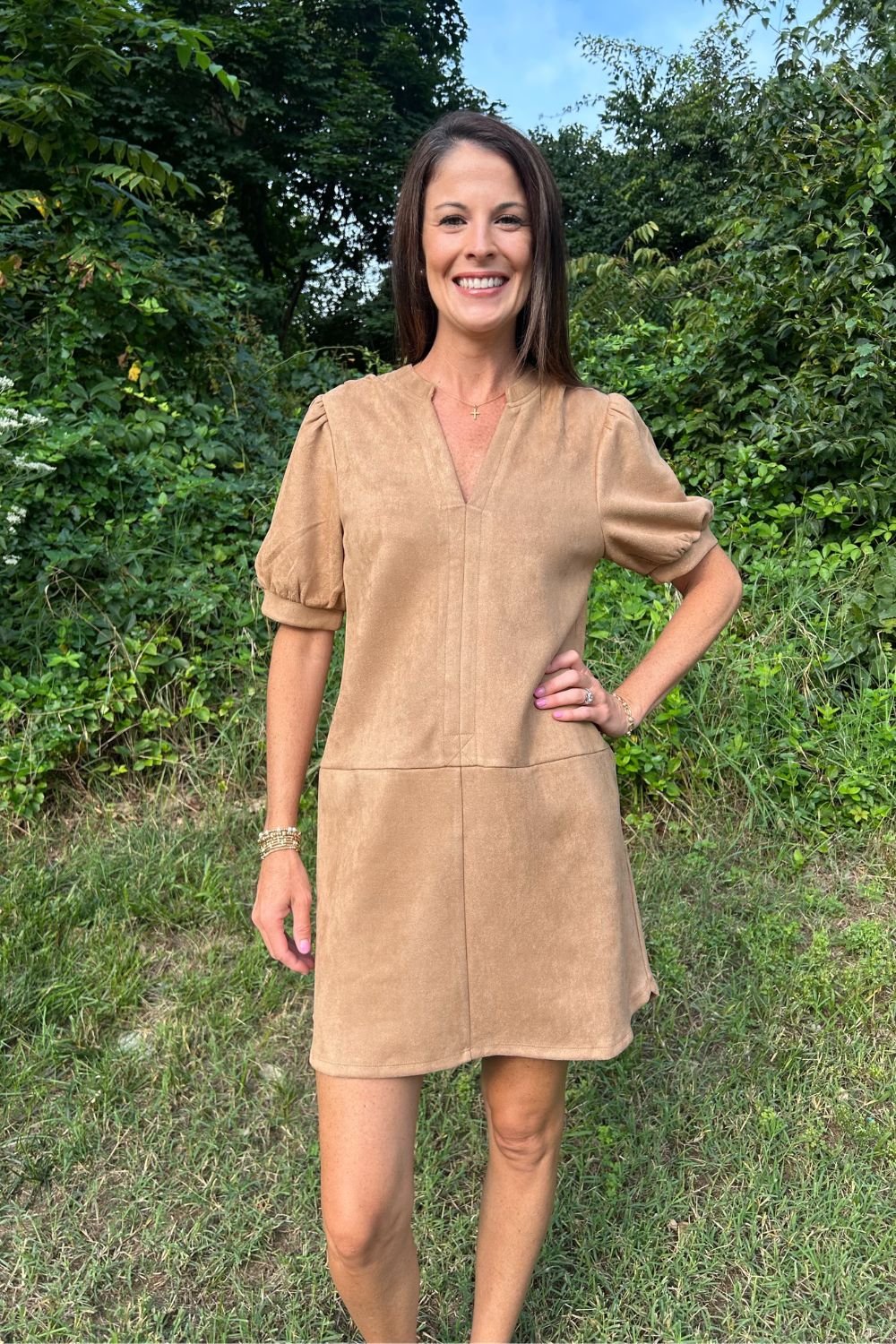 THML Flowy Dress in Caramel Suede - THML Clothing