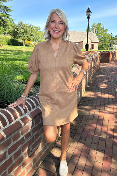 THML Flowy Dress in Caramel Suede - THML Clothing