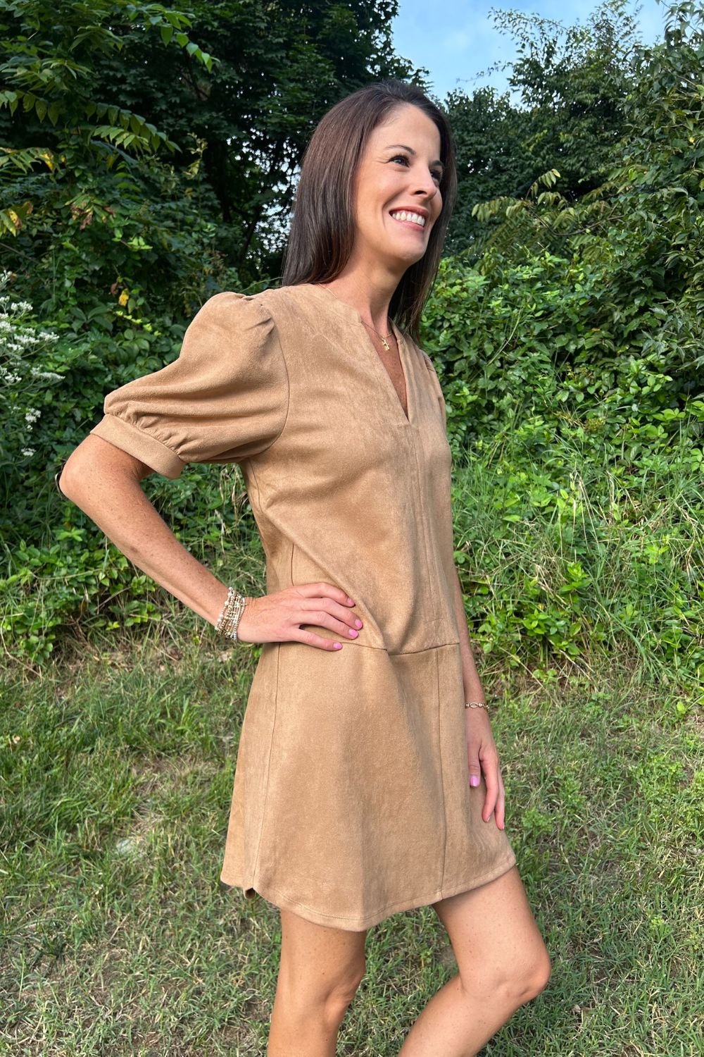 THML Flowy Dress in Caramel Suede - THML Clothing