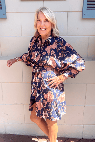 THML Long Sleeve Print Dress in Navy - THML Clothing