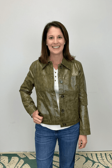 Tribal Button Front Faux Leather Jacket - Olive Leaf - Tribal Sportswear