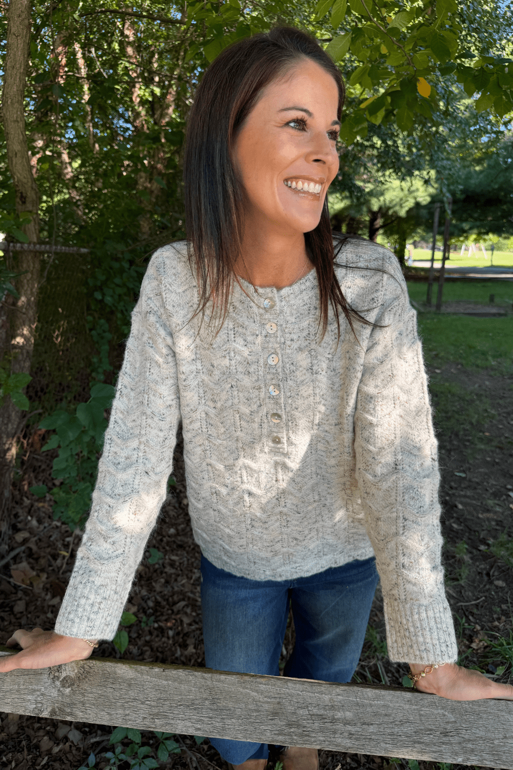 Tribal Sportswear Henley Sweater With Scallop Hem In Cream - Tribal Sportswear