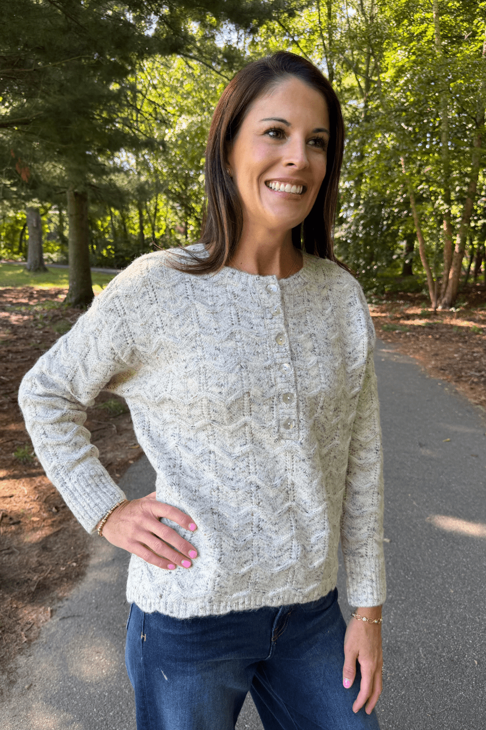 Tribal Sportswear Henley Sweater With Scallop Hem In Cream - Tribal Sportswear