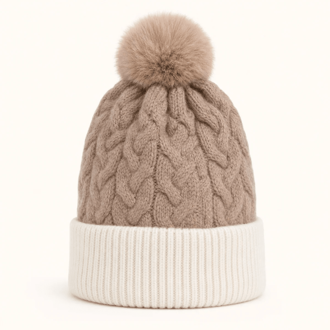 Two Tone Braided Cable Knit Beanie - Very Moda
