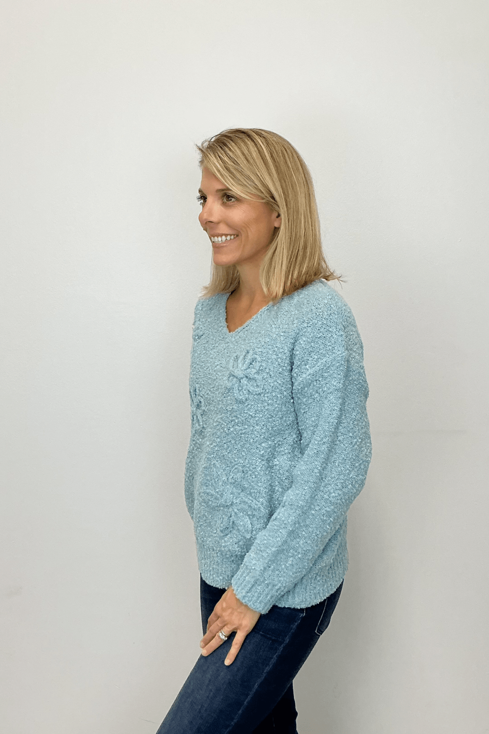 Very Moda Boucle Floral V - Neck Sweater - Dusty Blue - Very Moda