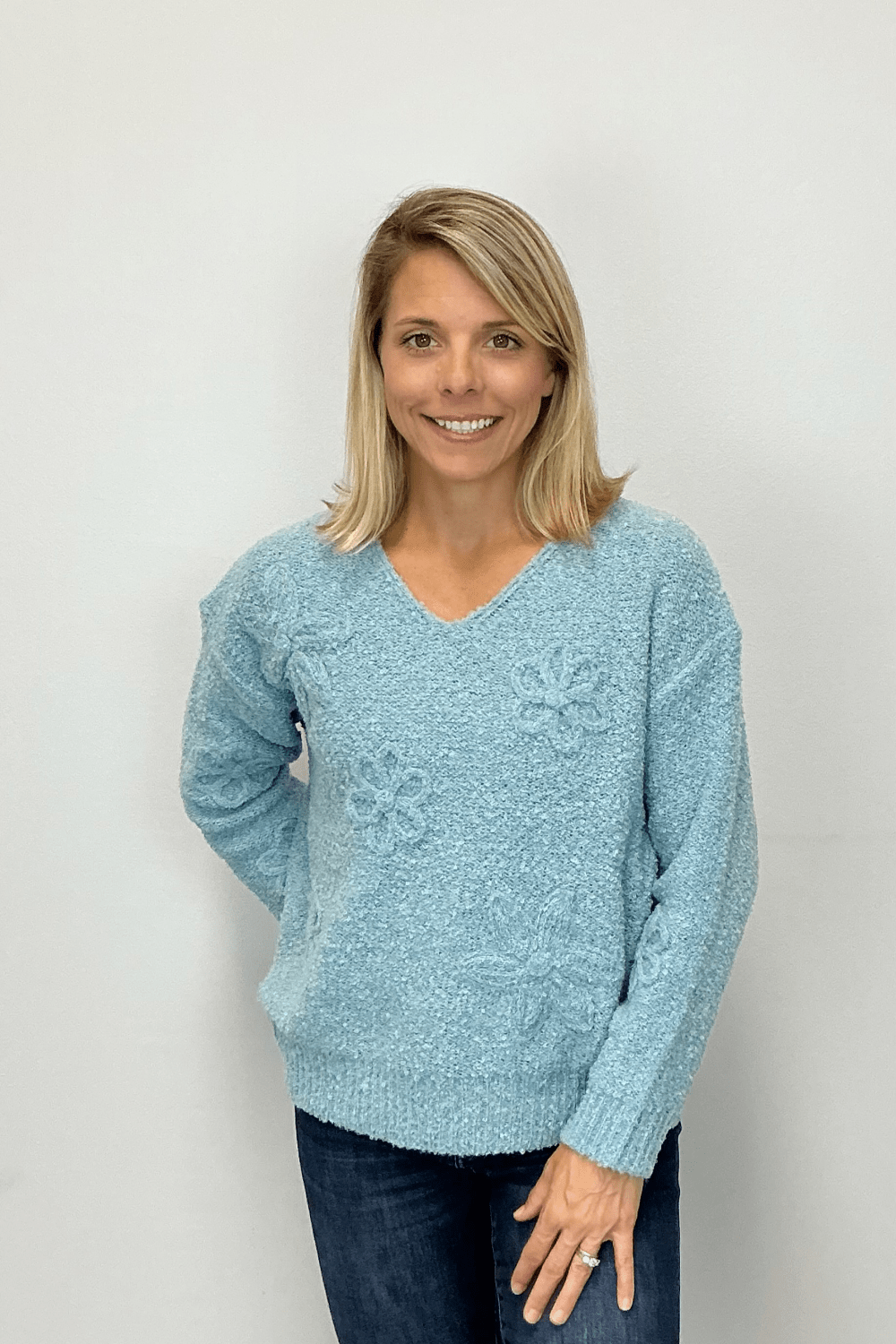 Very Moda Boucle Floral V - Neck Sweater - Dusty Blue - Very Moda