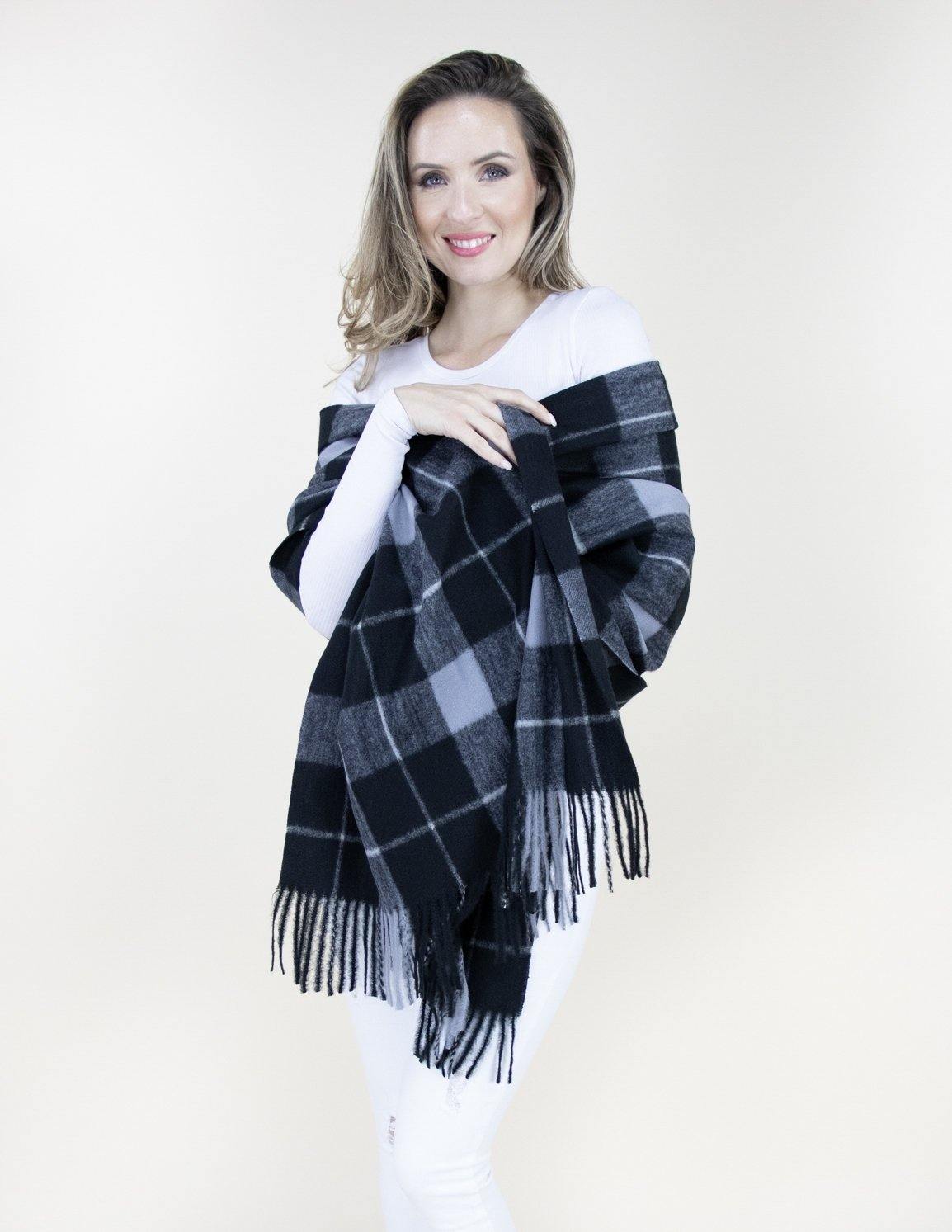 Wide Lines Plaid Scarf - Black - Very Moda