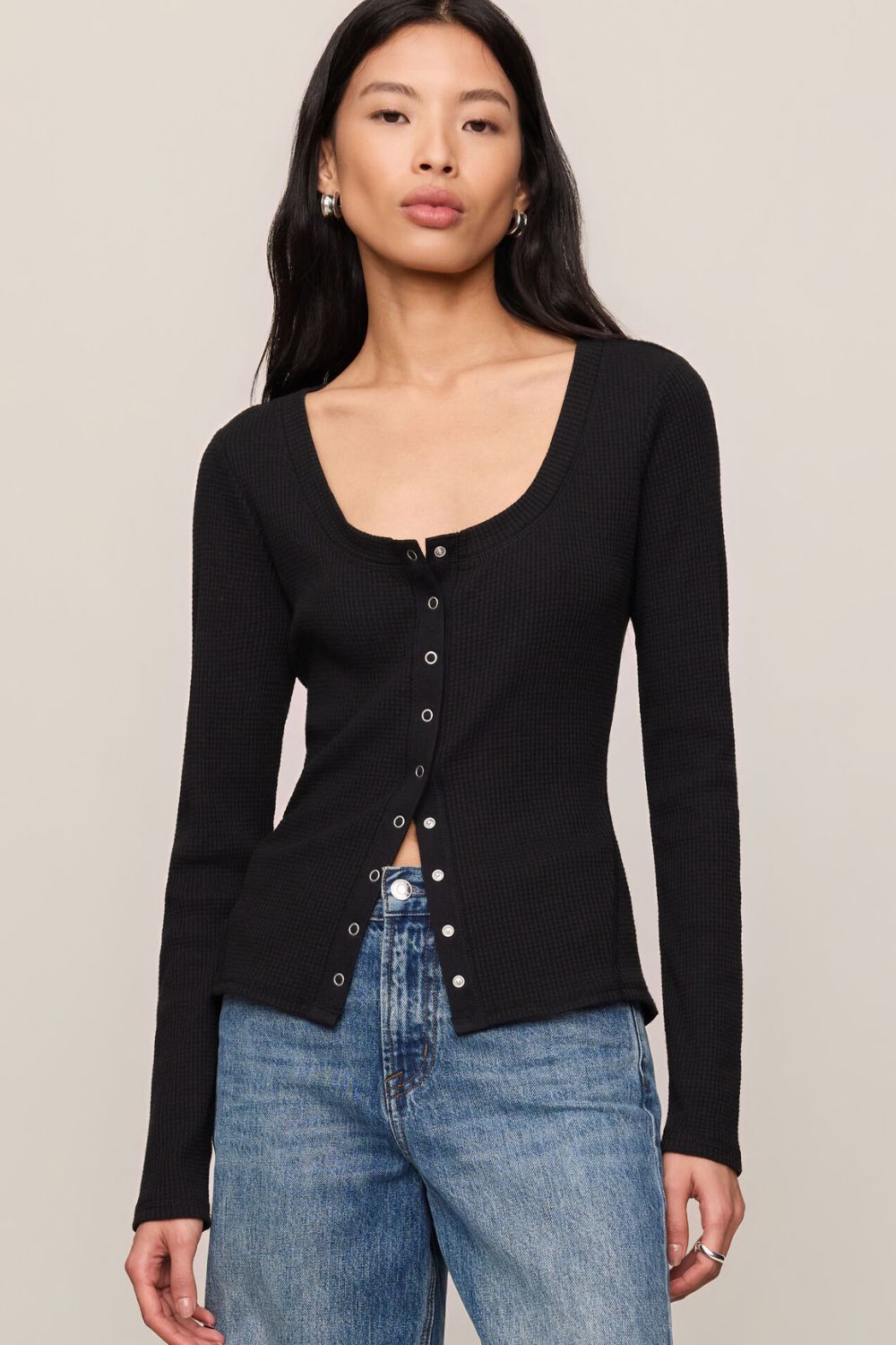 Z Supply Albany Waffle Button Up Top- Black - Z Supply