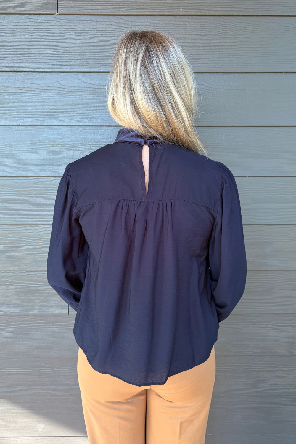 Zoe and Claire Bishop Sleeve Top In Navy - Zoe and Claire