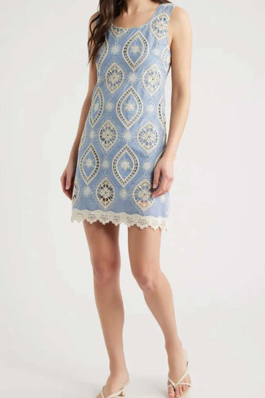 Zoe and Claire Emb Short Shift Dress - Blue/Ivory - Zoe and Claire