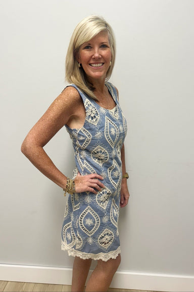 Zoe and Claire Embroidered Shift Dress - Blue/Ivory - Zoe and Claire