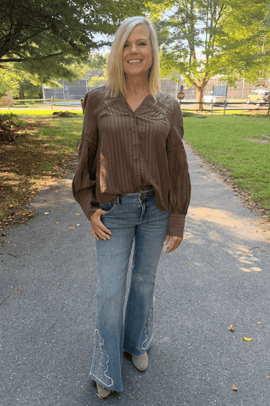 Zoe and Claire Long Sleeve Top With Lace Details In Brown - Zoe and Claire