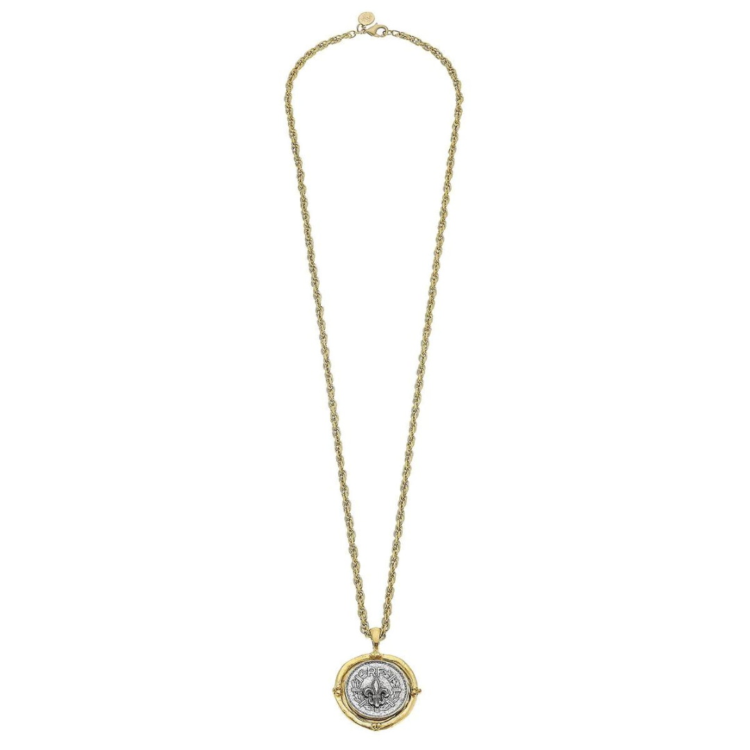 Susan Shaw Fleur de Lis Coin Pendant Necklace - Gold