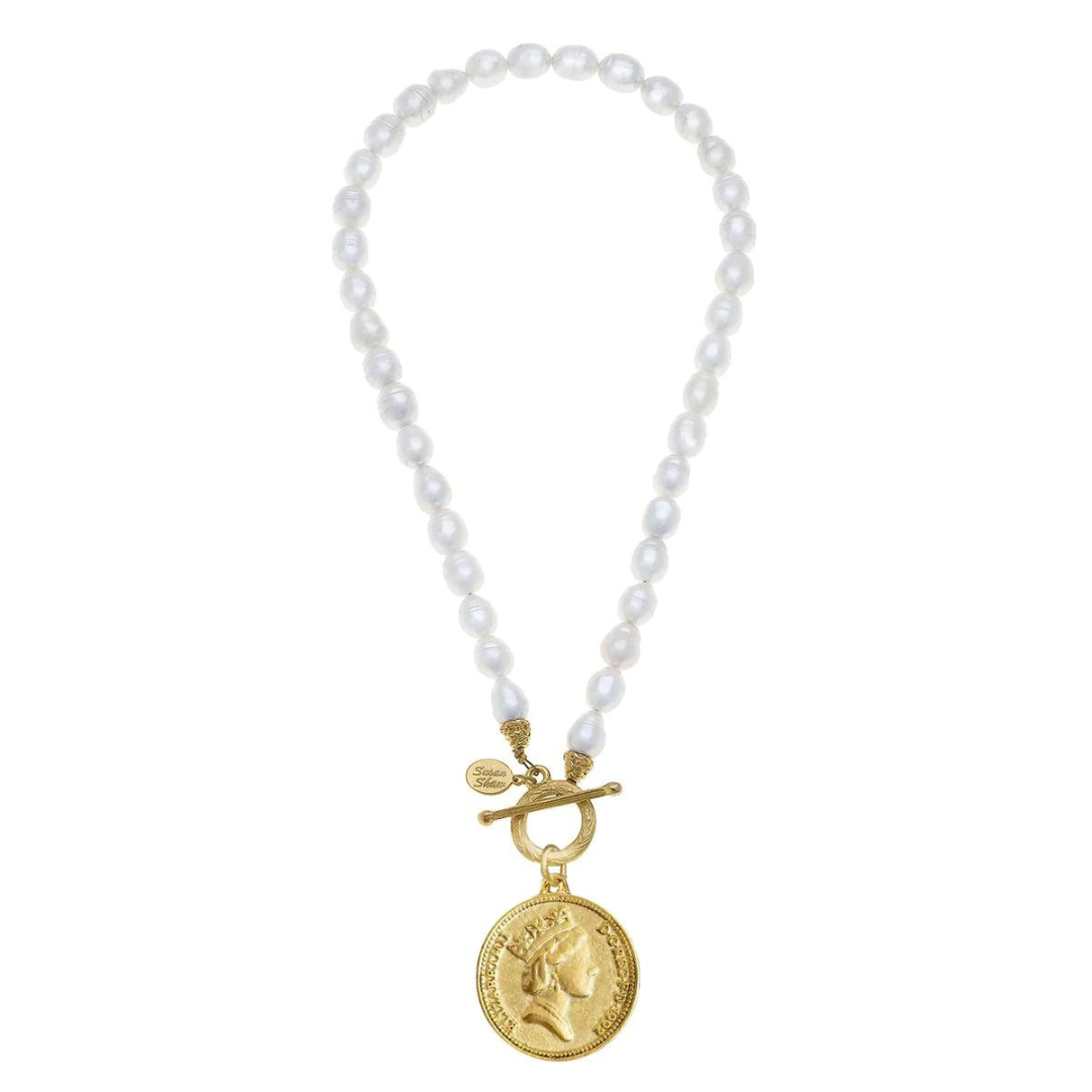 Susan Shaw Queen Elizabeth Coin Pearl Toggle Necklace - Gold