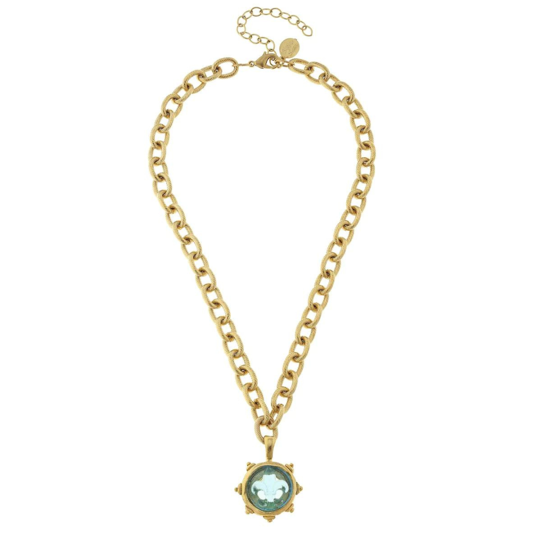 Susan Shaw Small Venetian Glass Fleur-De-Lis Necklace - Gold & Aqua